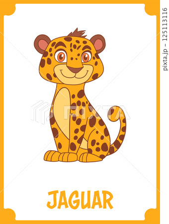 Cute cartoon jaguar character with a friendly smile and large eyes, sitting on a white background with an orange border. 125113116