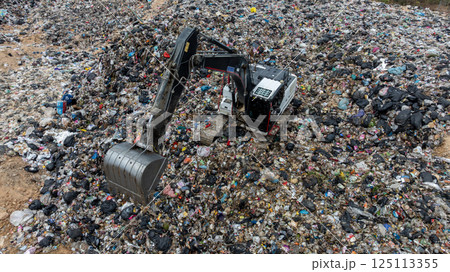 Garbage dump pile in trash dump or landfill, Landfill with waste disposal, Garbage truck unloads rubbish in landfill, Truck waste dump waste from household, Excavator work garbage waste, Aerial view. Garbage dump pile in trash dump or landfill, Landfill with waste disposal, Garbage truck unloads rubbish in landfill, Truck waste dump waste from household, Excavator work garbage waste, Aerial view. 125113355