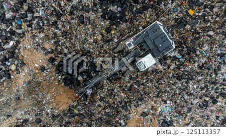 Garbage dump pile in trash dump or landfill, Landfill with waste disposal, Garbage truck unloads rubbish in landfill, Truck waste dump waste from household, Excavator work garbage waste, Aerial view. Garbage dump pile in trash dump or landfill, Landfill with waste disposal, Garbage truck unloads rubbish in landfill, Truck waste dump waste from household, Excavator work garbage waste, Aerial view. 125113357