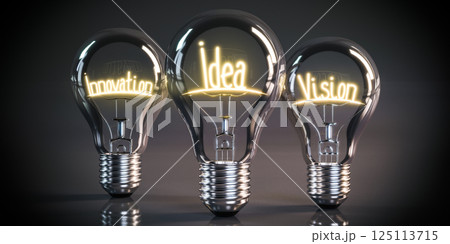 Innovation, idea, vision concept - shining light bulbs - 3D illustration Innovation, idea, vision concept - shining light bulbs - 3D illustration 125113715