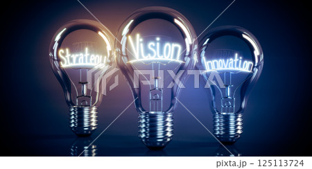 Vision, strategy, innovation concept - shining light bulbs - 3D illustration Vision, strategy, innovation concept - shining light bulbs - 3D illustration 125113724