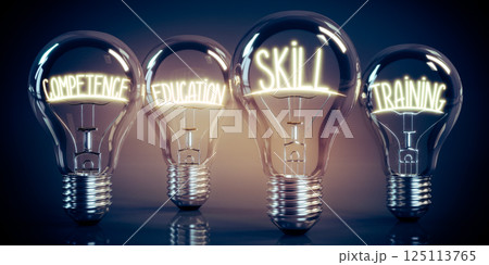 Competence, education, skill, training - shining four light bulbs - 3D illustration 125113765