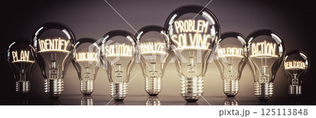 Problem solving - shining light bulbs - 3D illustration Problem solving - shining light bulbs - 3D illustration 125113848