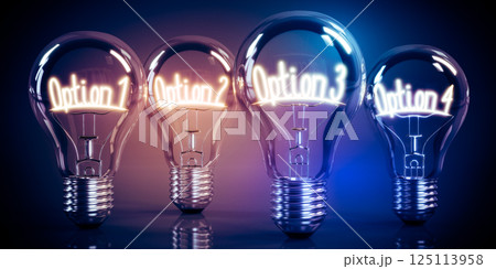 Option 1, 2, 3, 4 - shining four light bulbs - 3D illustration Option 1, 2, 3, 4 - shining four light bulbs - 3D illustration 125113958