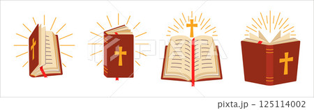 Bible Logo Set. Open Book, Cross, Light Rays Symbols. Religious Retro Vector Pack Bible Logo Set. Open Book, Cross, Light Rays Symbols. Religious Retro Vector Pack 125114002