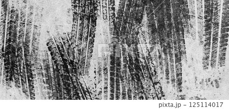 Tire mark on concrete road texture background, Textured background vehicle trace tire mark on concrete road, Tire mark print texture and background of transport vehicle. 125114017