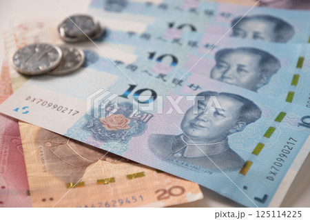 Many of different Chinese yuan banknotes. Chinese paper currency Yuan renminbi banknotes and coins as background. 125114225