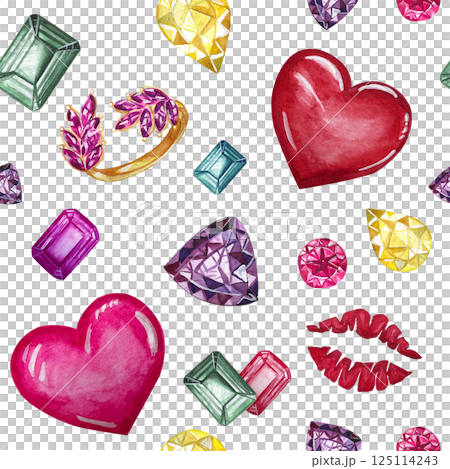 Watercolor painted hearts, cristals, rihg and lips seamless pattern.Watercolor illustration. Color background for valentines day and birthday. 125114243