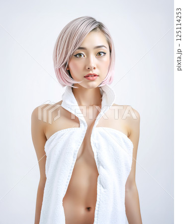 バスローブを着た若い女性　ピンク色の髪の毛 125114253