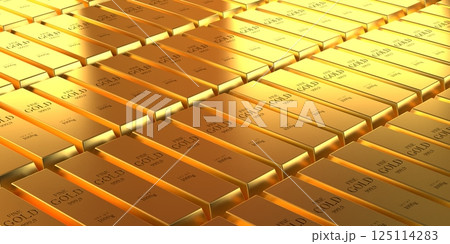 Many gold ingots - 3D illustration Many gold ingots - 3D illustration 125114283