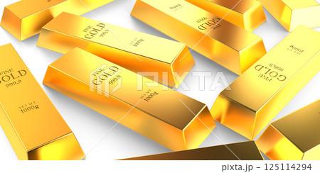 Many scattered gold ingots - 3D illustration 125114294