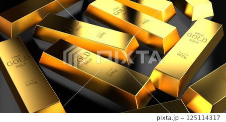 Many scattered gold ingots - 3D illustration Many scattered gold ingots - 3D illustration 125114317