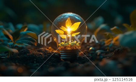手のひらの苗と光る電球で表現した環境保護のイメージ 手のひらの苗と光る電球で表現した環境保護のイメージ 125114516
