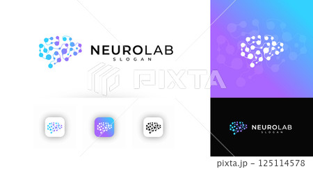Modern Neural Brain Logo Design with Gradient Molecule Connections, Perfect for Tech, AI, and Medical Branding. Dotted Futuristic Style Logotype. Vector Illustration. 125114578
