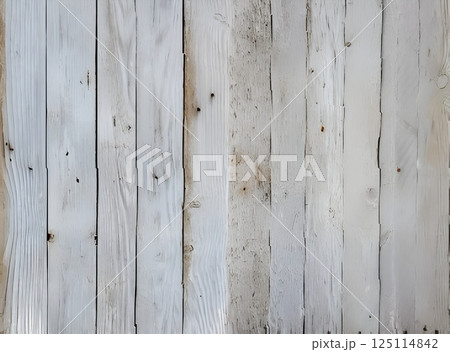A close-up shot of a beat-up, old wooden fence made of vertical planks with visible grain and knots. The wood is a weathered grayish-white, giving off a rustic, aged vibe. The planks are evenly spaced A close-up shot of a beat-up, old wooden fence made of vertical planks with visible grain and knots. The wood is a weathered grayish-white, giving off a rustic, aged vibe. The planks are evenly spaced 125114842