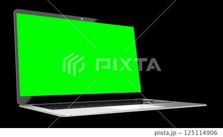 Modern laptop with empty green screen on black background - 3D illustration Modern laptop with empty green screen on black background - 3D illustration 125114906