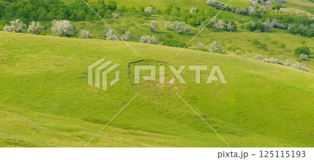 Green sloping meadows background. 125115193