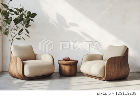 Beige living room interior with two armchairs and wooden table near blank white wall, plants on floor in warm sunlight, minimal natural style concept of furniture, home design, wall mockup 125115239