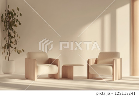 Minimalist interior with two armchairs and coffee table against white wall, soft sunlight, beige color scheme, plants on floor, modern home decor and furniture concept, empty wall mockup 125115241