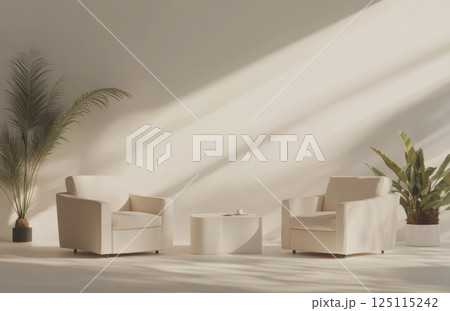 Minimalist interior with two armchairs and coffee table against white wall, soft sunlight, beige color scheme, plants on floor, modern home decor and furniture concept, empty wall mockup 125115242