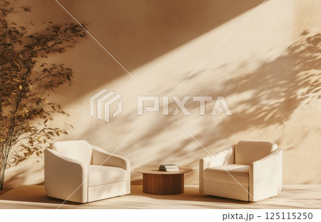 Modern minimalist interior with two armchairs and table near beige wall, sunlight casting soft shadows, indoor plants, calm home design background with empty copyspace 125115250