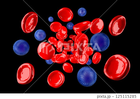 Many red blood and virus cells - 3D illustration 125115285
