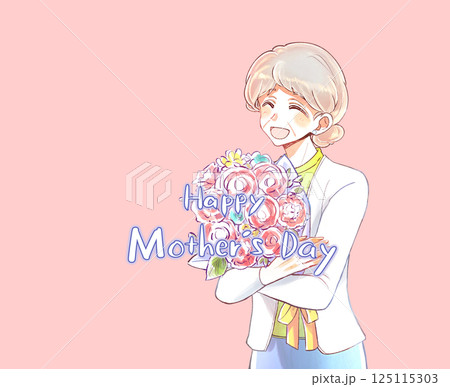 花束を持つ年配の母親　文字 125115303