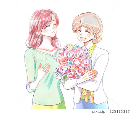 年配の女性に花束を贈る女性 125115317