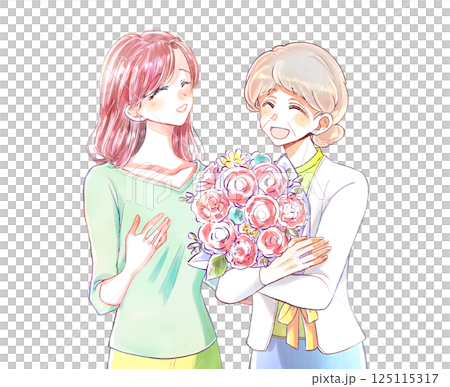 年配の女性に花束を贈る女性 125115317