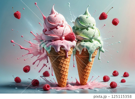 Raspberry fresh cold ice cream in waffle cone on pastel blue background 125115358