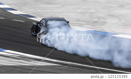 Motorsport car drift on asphalt race track with lot of smoke from burning tires rubber, Drift motor sport car drift race, Professional driver drift car on asphalt race track. Motorsport car drift on asphalt race track with lot of smoke from burning tires rubber, Drift motor sport car drift race, Professional driver drift car on asphalt race track. 125115395