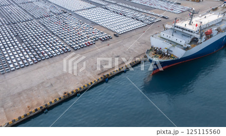 Top view new cars at industrial port import export, New cars park in row stock industrial port parking lot shipping transportation retailer dealership, New cars automotive industry logistics business. Top view new cars at industrial port import export, New cars park in row stock industrial port parking lot shipping transportation retailer dealership, New cars automotive industry logistics business. 125115560