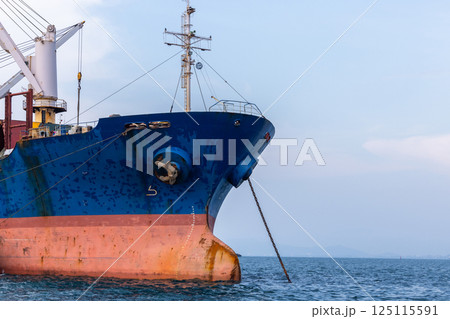 Bulk carrier vessel loading cargo at industrial port with onboard cranes, Maritime cargo opetration bulk ship handling goods at seaport, Heavy bulk cargo tranfer goods operation at sea. 125115591