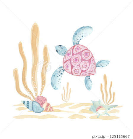 Sea turtle with ocean floor. Hand-painted watercolor turtle swimming above seaweed and shells. Soft pastel marine scene perfect for greeting cards, nursery decor, coastal-themed designs Sea turtle with ocean floor. Hand-painted watercolor turtle swimming above seaweed and shells. Soft pastel marine scene perfect for greeting cards, nursery decor, coastal-themed designs 125115667