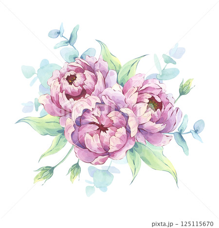 Peony floral arrangement with eucalyptus twigs. Hand-painted bouquet in watercolor illustrative technique. Great for greeting cards, scrapbooking, invitations, and seasonal decorations 125115670