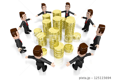 Cartoon businessmen and golden coins - 3D illustration 125115694