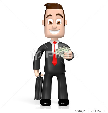 Cartoon businessman holding one dollar bills - 3D illustration Cartoon businessman holding one dollar bills - 3D illustration 125115705