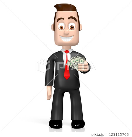 Cartoon businessman holding one dollar bills - 3D illustration Cartoon businessman holding one dollar bills - 3D illustration 125115706