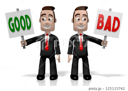 Two cartoon businessmen hold good or bad transparents - 3D illustration 125115742