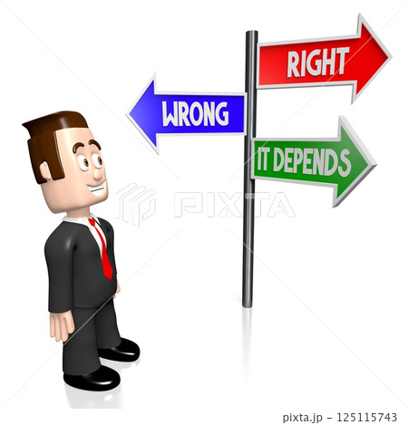Cartoon businessman - right, wrong, it depends signpost - 3D illustration Cartoon businessman - right, wrong, it depends signpost - 3D illustration 125115743