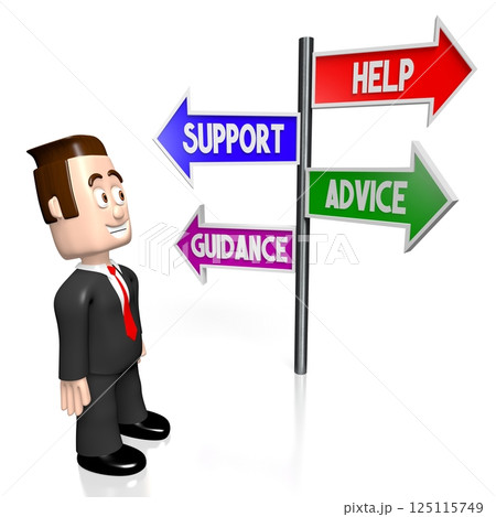 Cartoon businessman - help, support, advice, guidance signpost - 3D illustration Cartoon businessman - help, support, advice, guidance signpost - 3D illustration 125115749