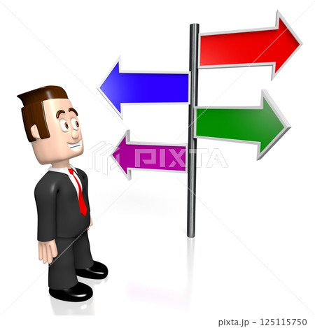 Cartoon businessman and signpost with four arrows - 3D illustration Cartoon businessman and signpost with four arrows - 3D illustration 125115750