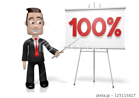 Cartoon businessman and 100 percent chart - 3D illustration 125115827