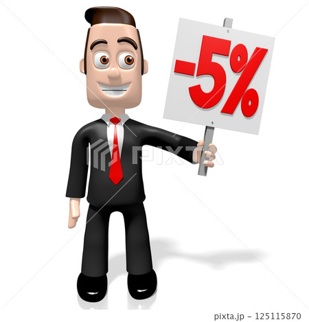 Cartoon businessman holding 5 percent off banner - 3D illustration Cartoon businessman holding 5 percent off banner - 3D illustration 125115870