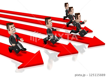 Arrows and running cartoon businessmen - competition concept - 3D illustration Arrows and running cartoon businessmen - competition concept - 3D illustration 125115889