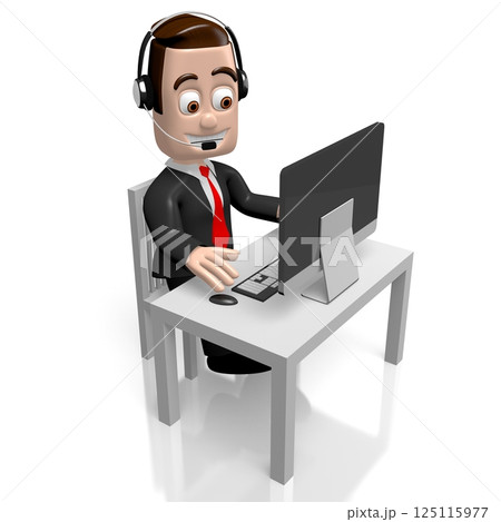 Cartoon character with headset working on computer - call center concept - 3D illustration 125115977