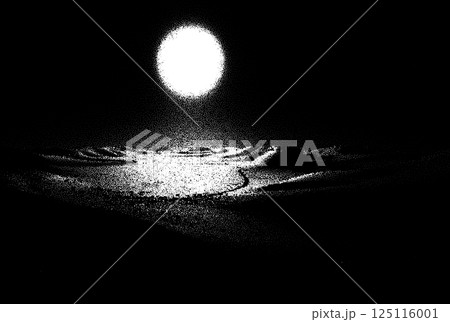Alien planet landscape in retro dotwork style. Planets and satellites over unknown planet in space. Sci-fi world landscape beyond our galaxy. 125116001