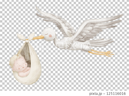 Watercolor illustration of a flying Stork carrying a newborn Baby in a soft cloth bundle. Drawing of bird with cute Infant for baby shower invitations or newborn party invitations in pastel colors. Watercolor illustration of a flying Stork carrying a newborn Baby in a soft cloth bundle. Drawing of bird with cute Infant for baby shower invitations or newborn party invitations in pastel colors. 125116016