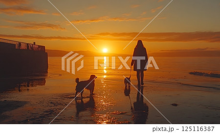 Silhouette of Woman Walking with Dog and Cat During Sunset on Beach Silhouette of Woman Walking with Dog and Cat During Sunset on Beach 125116387