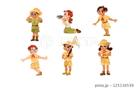 Cute Children Wear Safari Costume and Hat Vector Set Cute Children Wear Safari Costume and Hat Vector Set 125116539